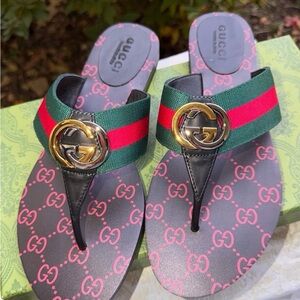 Gucci Women's Black GG Web Stripe Sandals Size 8